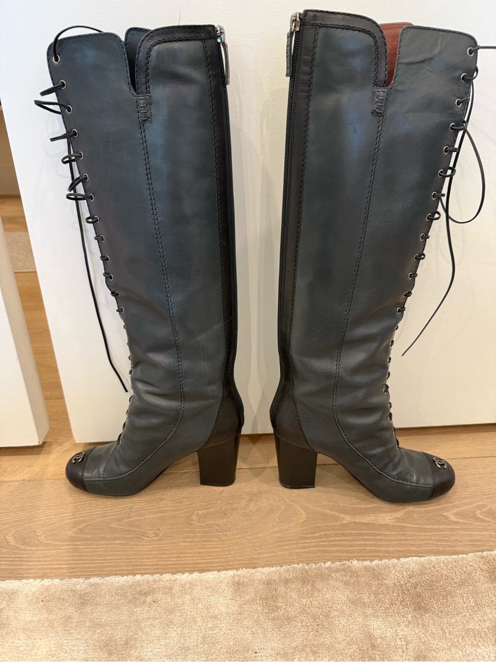 CHANEL Black Leather Over-the-Knee Lace-Up Boots - Picture 3 of 6